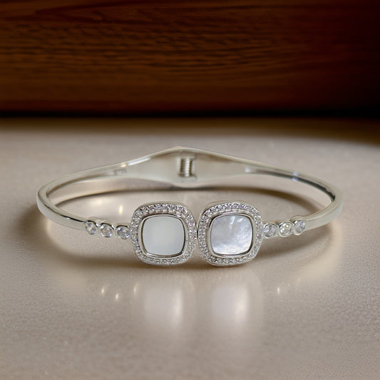 Openable Mother Of Pearl Square CZ Silver Bracelet
