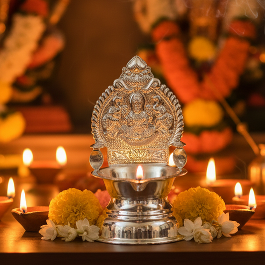 925 Silver Gajalakshmi-Kamakshi Deepam 4.75 Inches