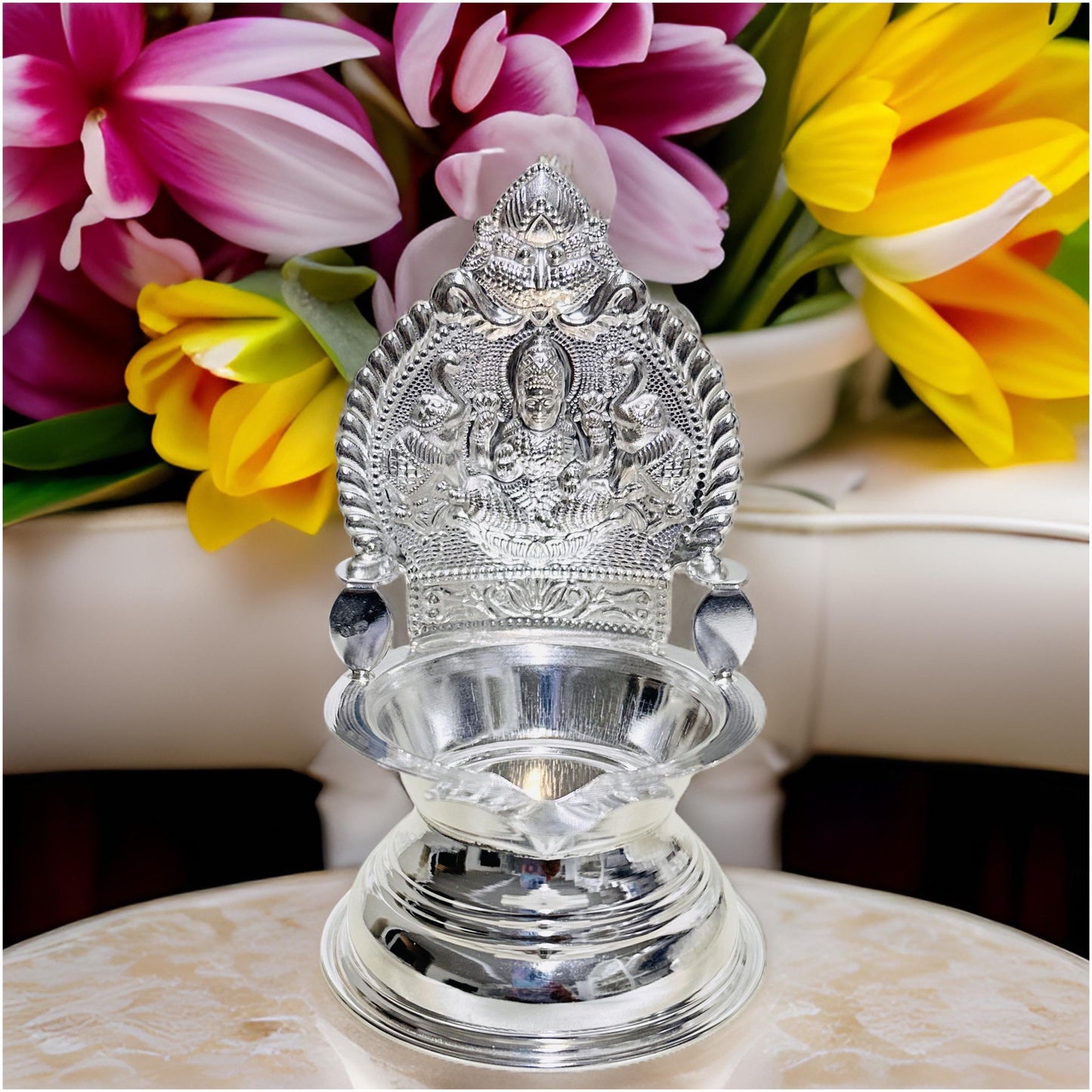 925 Silver Gajalakshmi-Kamakshi Deepam 5 Inches