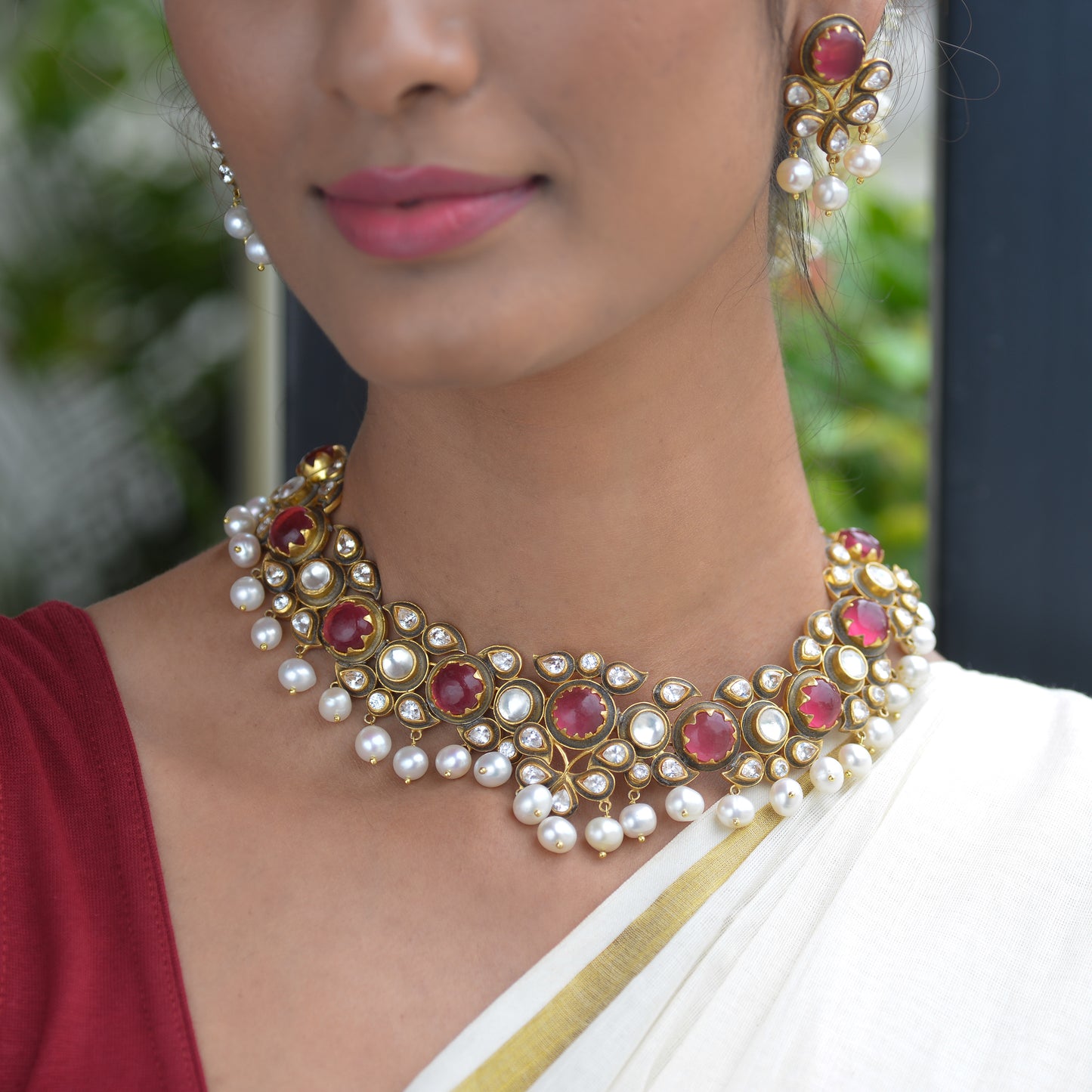 Alpa 925 Silver Polki Necklace and Earrings Set