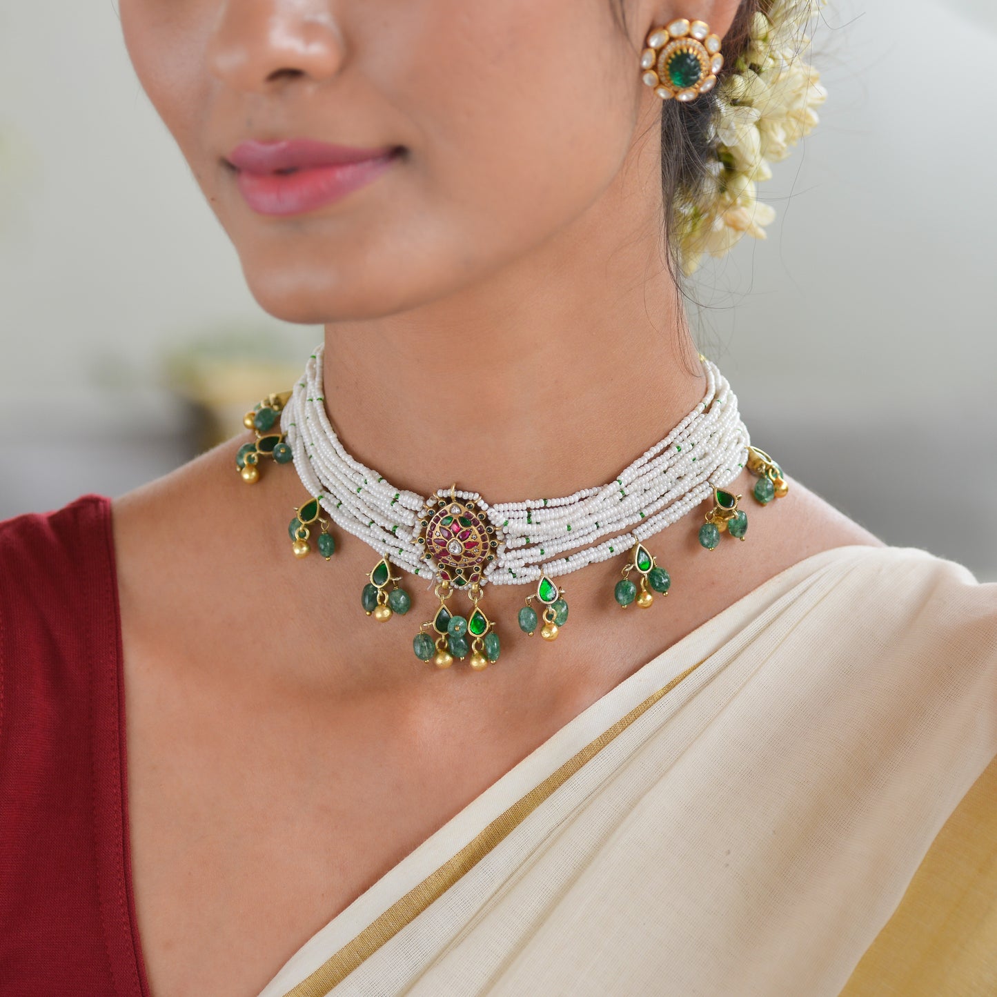 Aral 925 Silver Kundan Chocker Necklace and Earrings Set