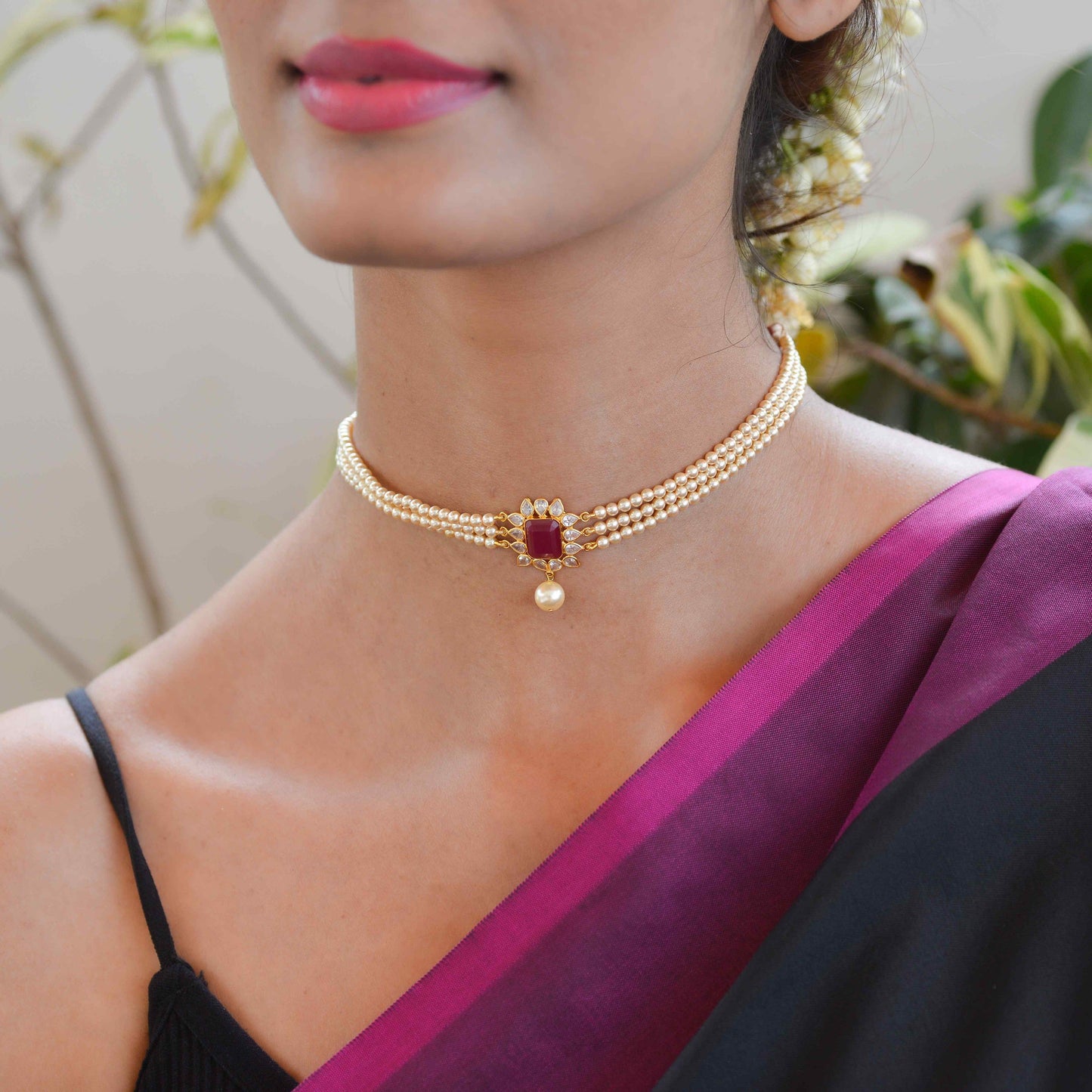 22KT Gold Pearl and Ruby Chocker and Earrings Set