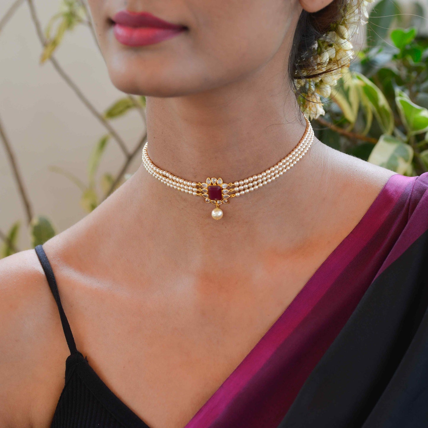 22KT Gold Pearl and Ruby Chocker and Earrings Set