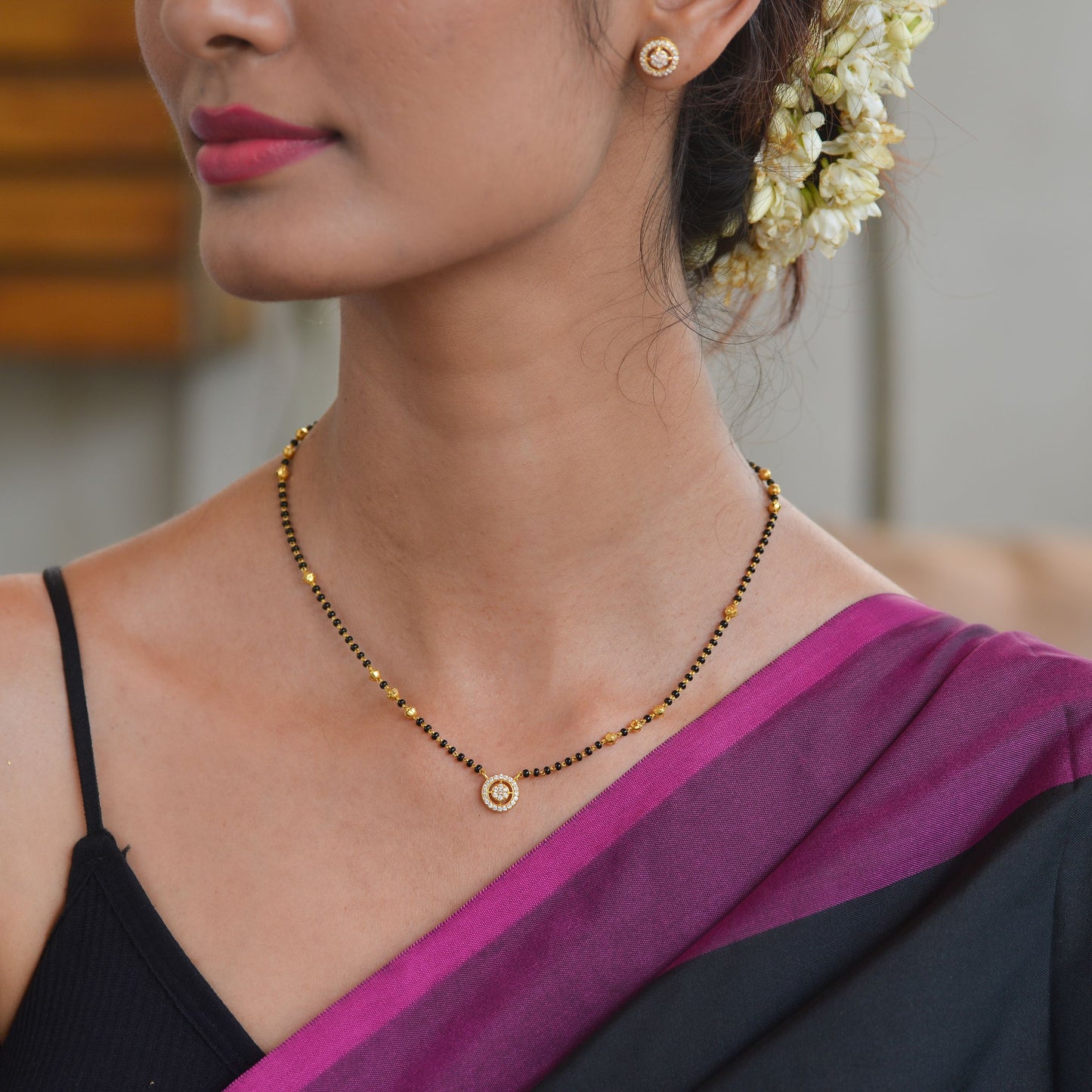 22KT Gold Black Bead Mangalsutra And Earrings Set