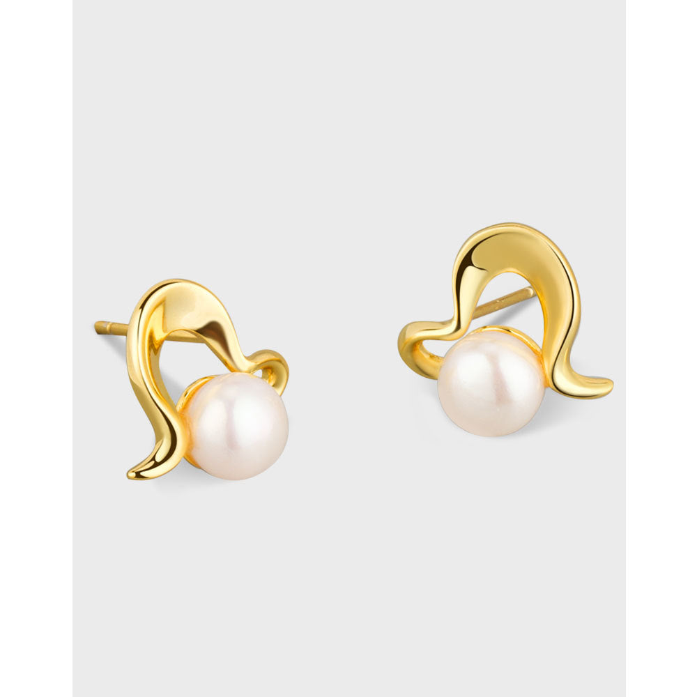 Gold Plated On 925 Silver Pearl Heart Stud Earrings