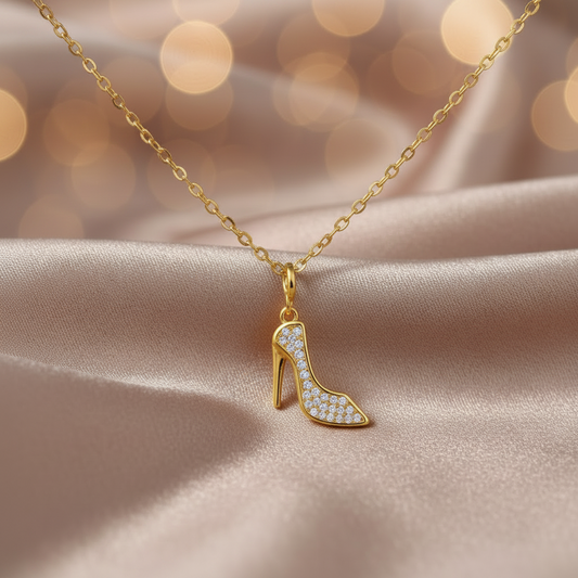 Trendy High Heel Yellow Gold Plated Cubic Zirconia .925 Sterling Silver Pendant Necklace 16"