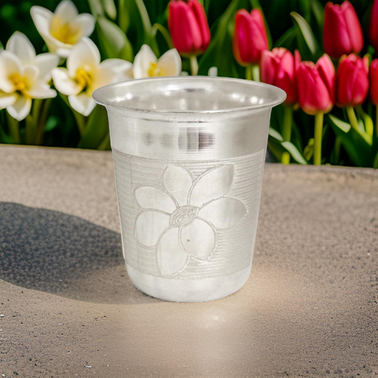 925 Silver Flower Engraved Tumbler 2 Inches