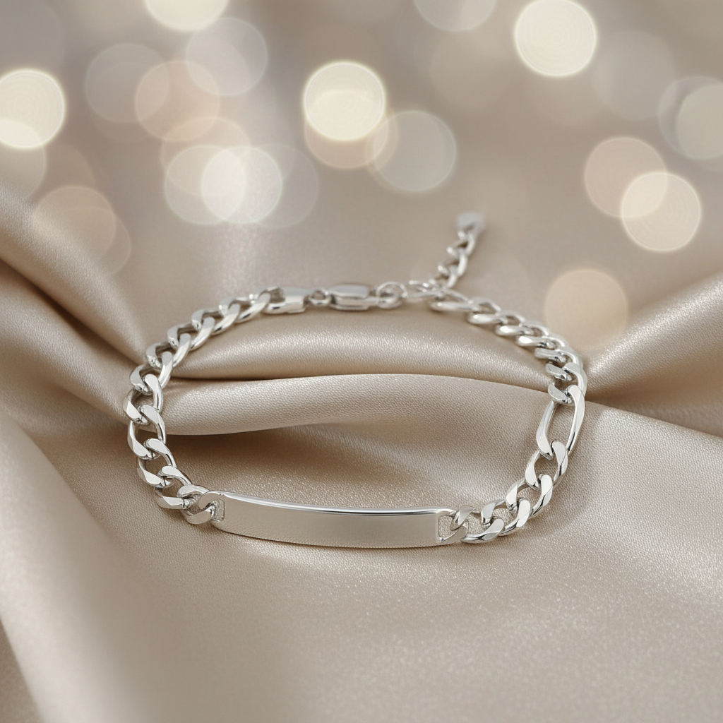 Silver Engravabale ID Figaro Chain Bracelet 8mm-8 inch
