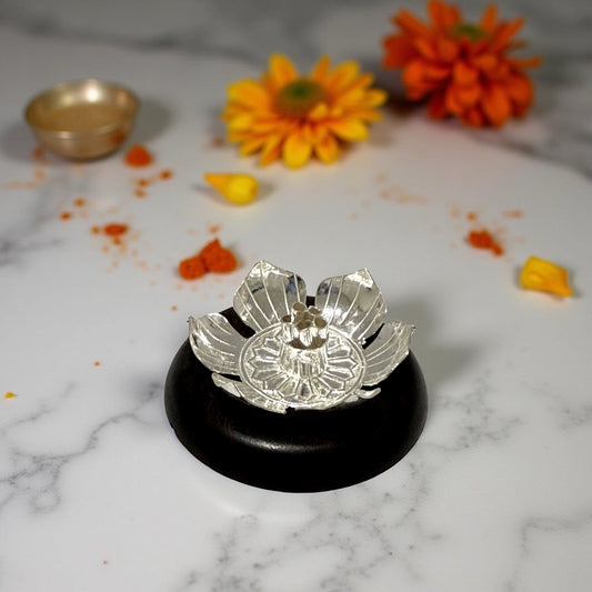 Silver Lotus Wooden Agarbathi Holder - 2 nches