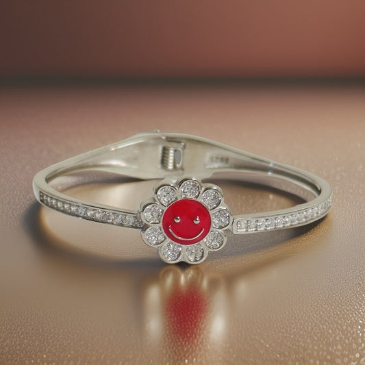 Silver Openable Smiley Red Flower Kids Bangle