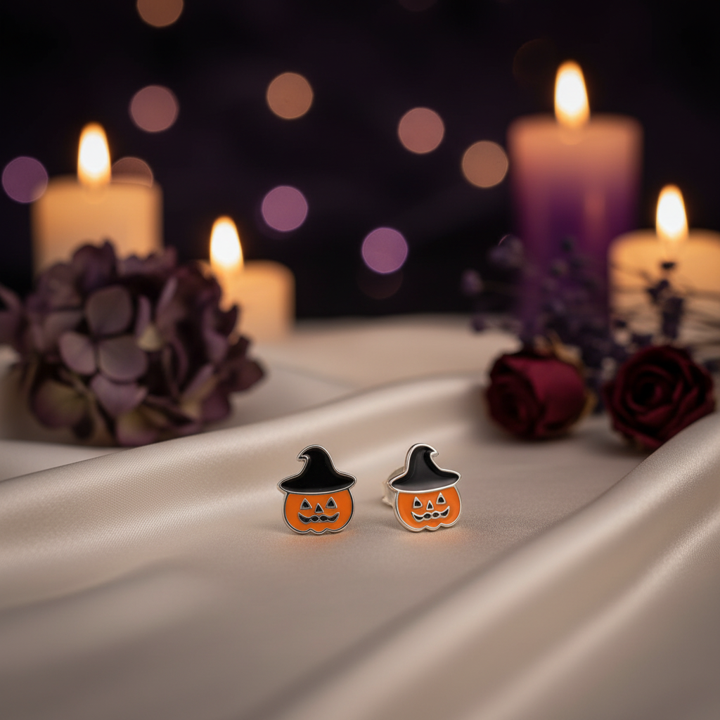 925 Silver Epoxy Pumpkin Stud Earrings