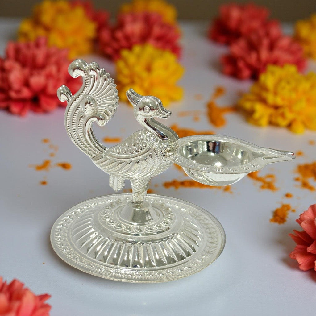 925 Silver Peacock Diya 2.75 Inches