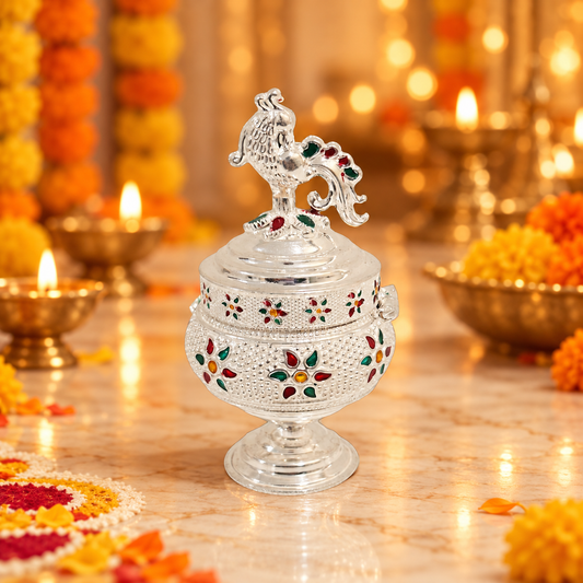 Silver Peacock Floral Enamel Haldi KumKum Box