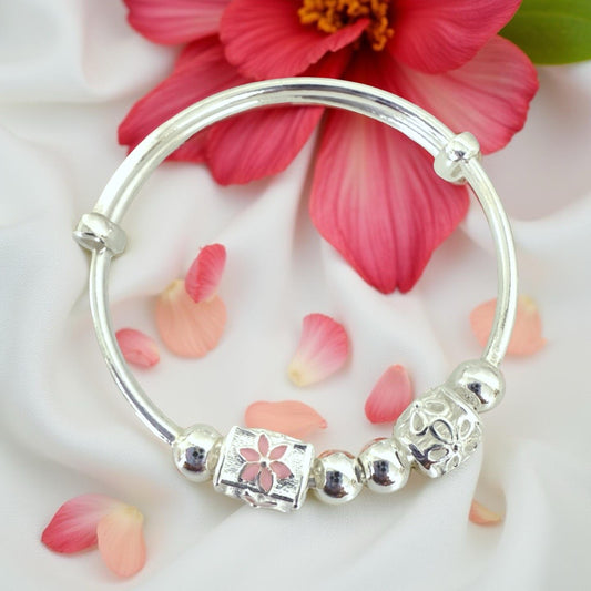 999 Pure Silver Pink Sqaure Charm Adjustable Baby Bracelet