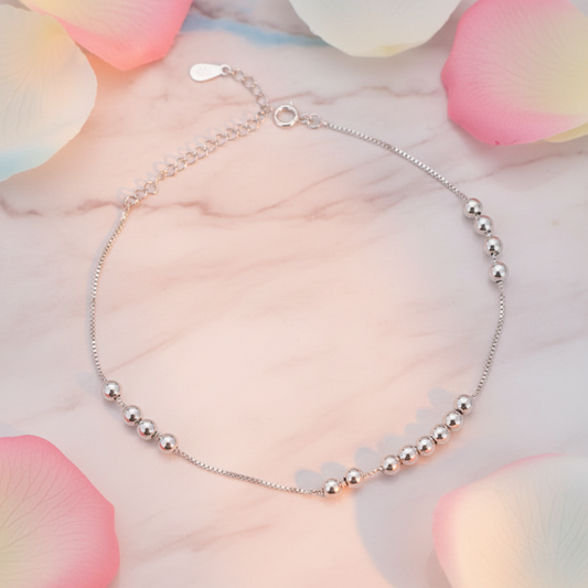 Rhodium Plated 925 Silver Beaded Chain Anklet
