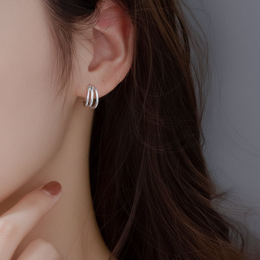 Rhodium Plated 925 Sterling Three Loop Hoop Earrings