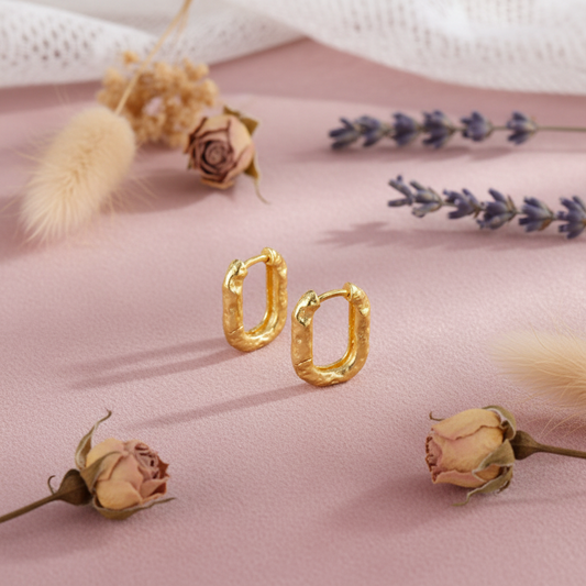 Gold Plated 925 Sterling Silver Textured Sqaure Hoop Earrings