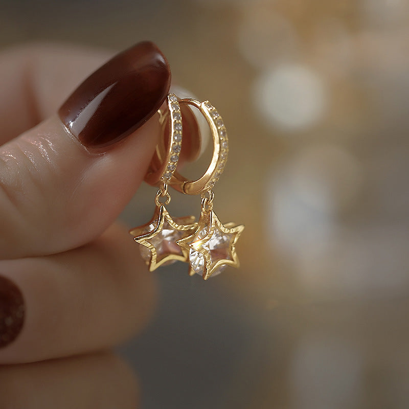 Gold Plated 925 Sterling Star Drop Hoop Earrings