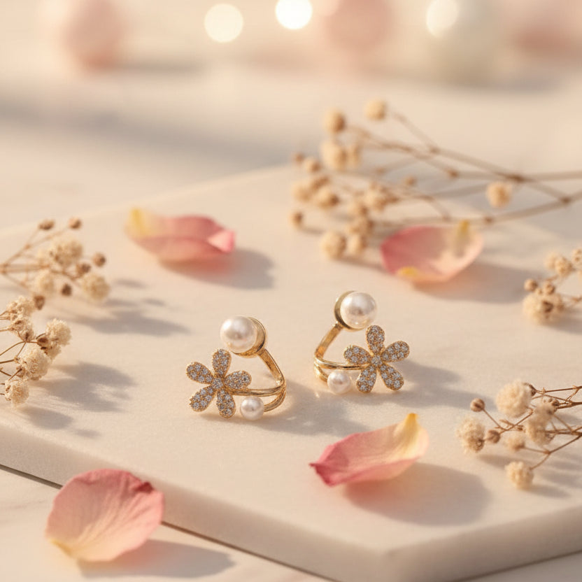 925 Sterling Silver CZ Flower Cuff Stud Earrings