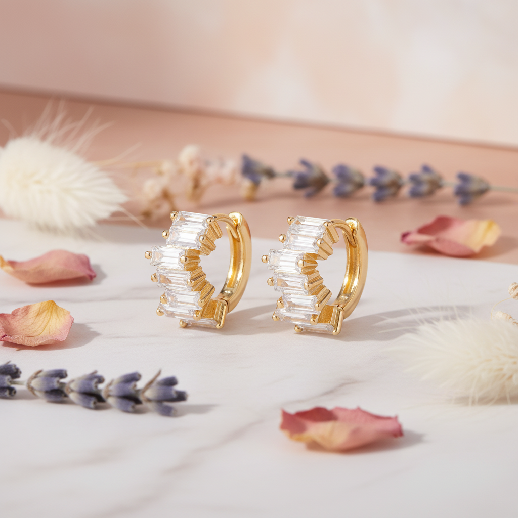 Gold Plated 925 Sterling Silver Baguete Hoop Earrings