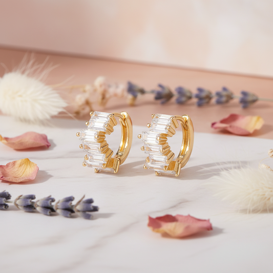 Gold Plated 925 Sterling Silver Baguete Hoop Earrings