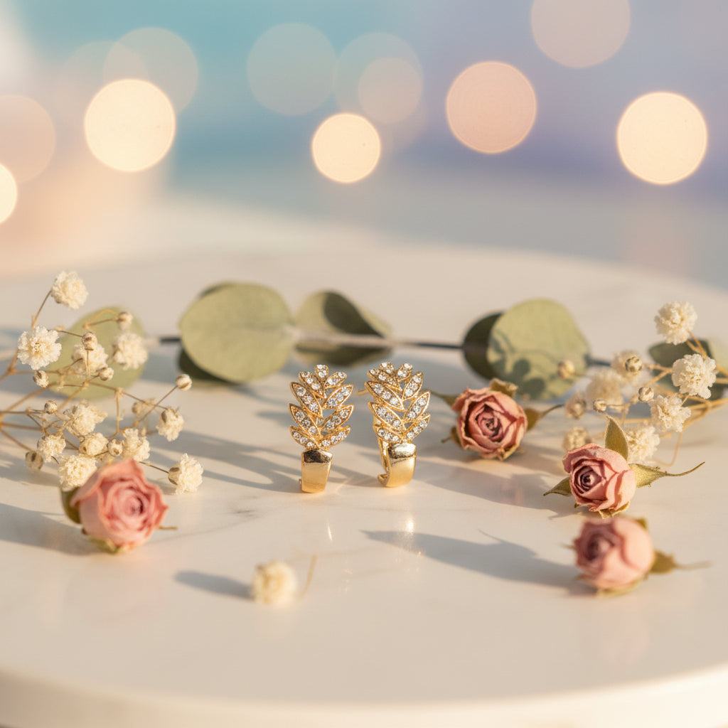 Gold Plated 925 Sterling Floral CZ Huggie Hoop Earrings