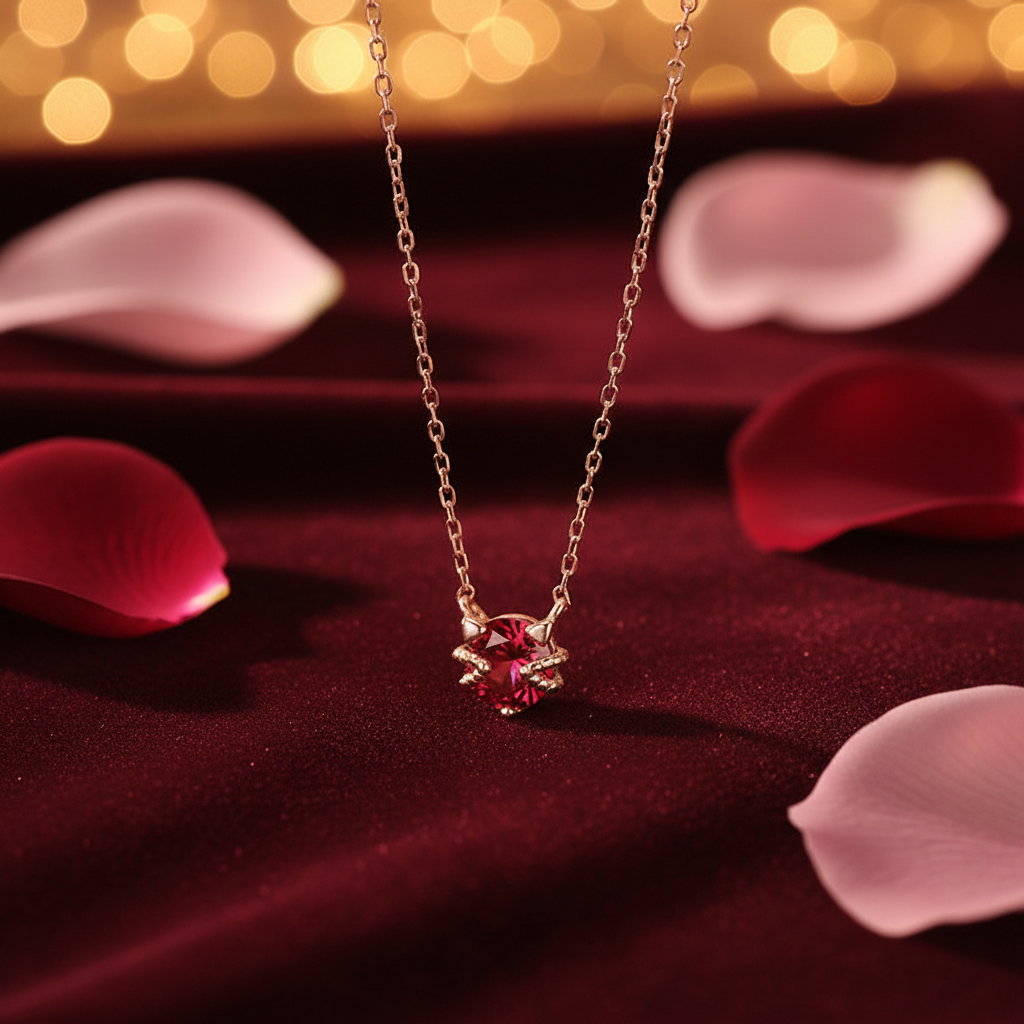 Rose Gold Plated 925 Sterling Silver Red CZ Stone Necklace