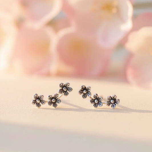 Antique 925 Sterling Silver Floral  Stud Earrings