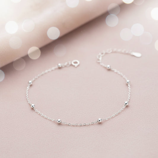Rhodium Plated 925 Silver Beaded Chain Anklet