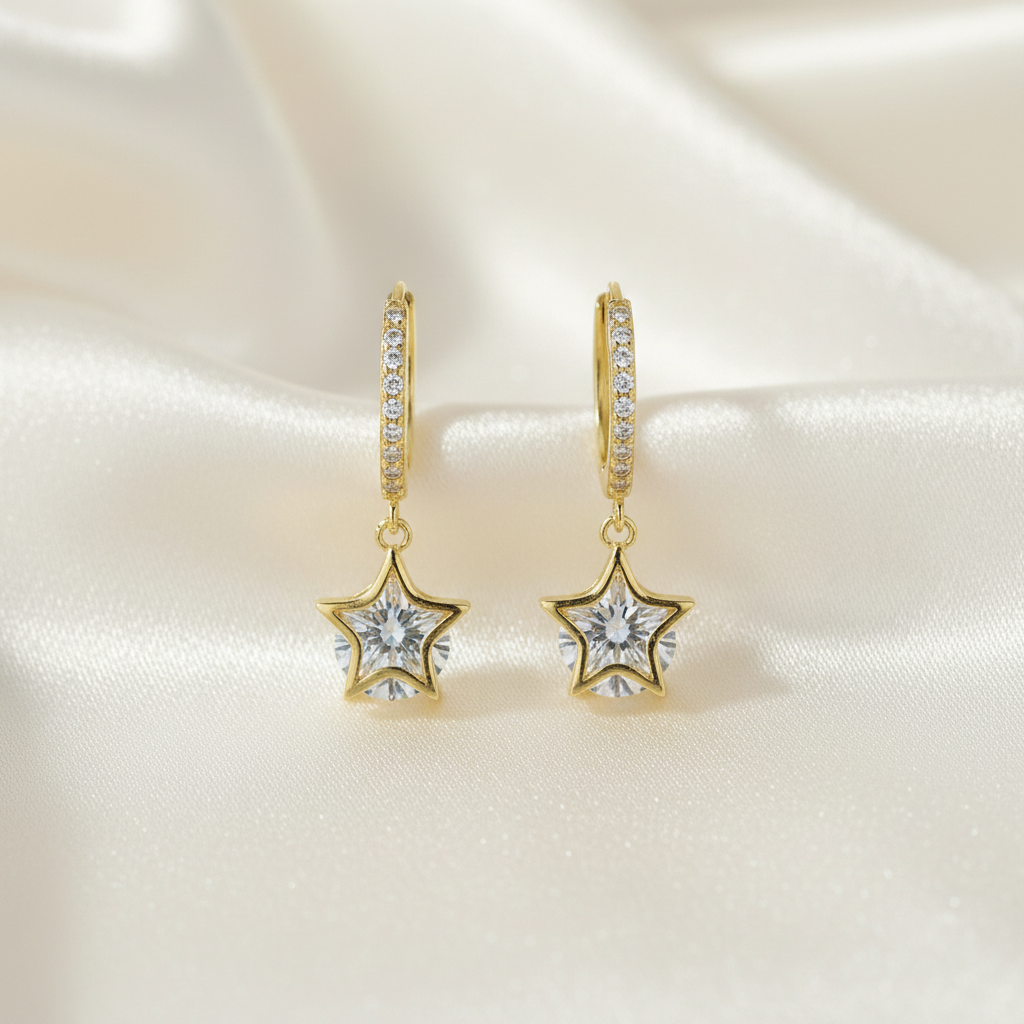 Gold Plated 925 Sterling Star Drop Hoop Earrings