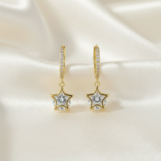 Gold Plated 925 Sterling Star Drop Hoop Earrings