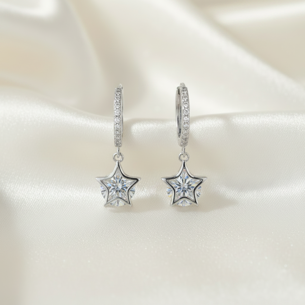 Rhodium Plated 925 Sterling Star Drop Hoop Earrings
