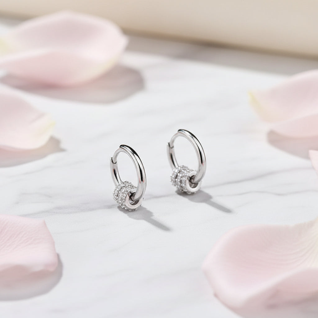 Rhodium Plated 925 Sterling Silver Tri CZ Hoop Earrings