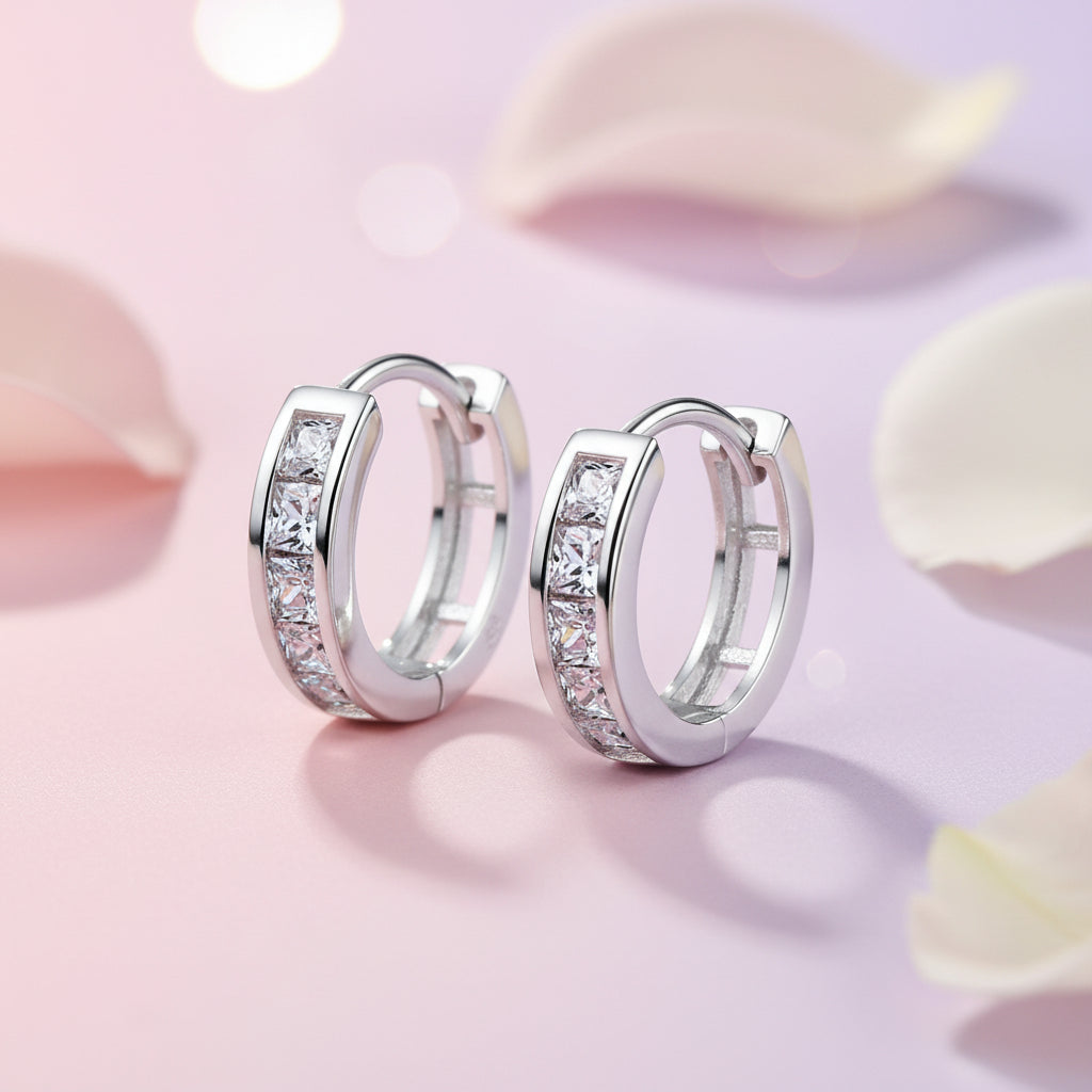 Rhodium Plated 925 Sterling Zircon Hoop Earrings
