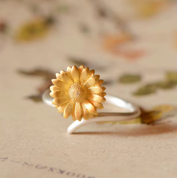 925 Sterling Silver Adjustable Two Tone Flower Ring