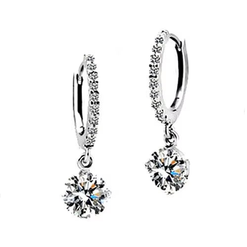 Rhodium Plated 925 Sterling Silver CZ Stone Drop Hoop Earrings
