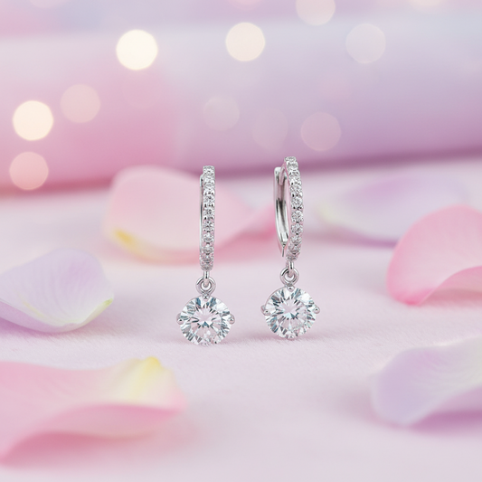Rhodium Plated 925 Sterling Silver CZ Stone Drop Hoop Earrings