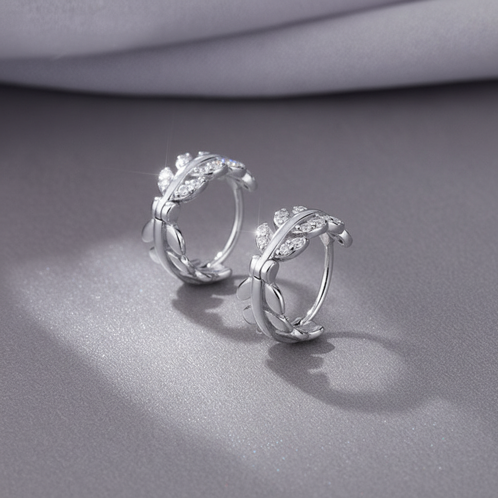 Rhodium Plated 925 Sterling Zircon Leaf  Hoop Earrings