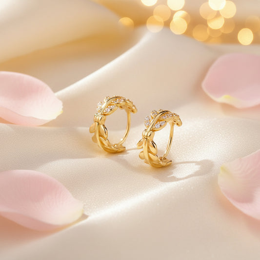 Gold Plated 925 Sterling Zircon Leaf  Hoop Earrings