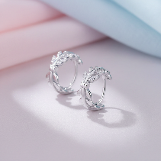 Rhodium Plated 925 Sterling Zircon Leaf  Hoop Earrings