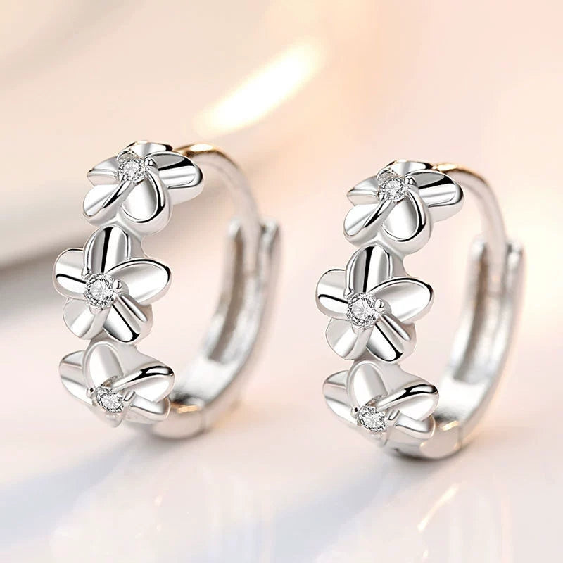 925 Sterling Three Flower Hoop Earrings
