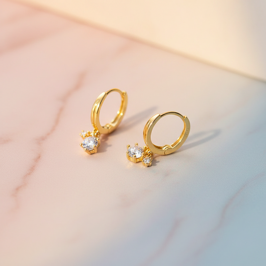 Gold Plated 925 Sterling Silver CZ Stone Drop Hoop Earrings