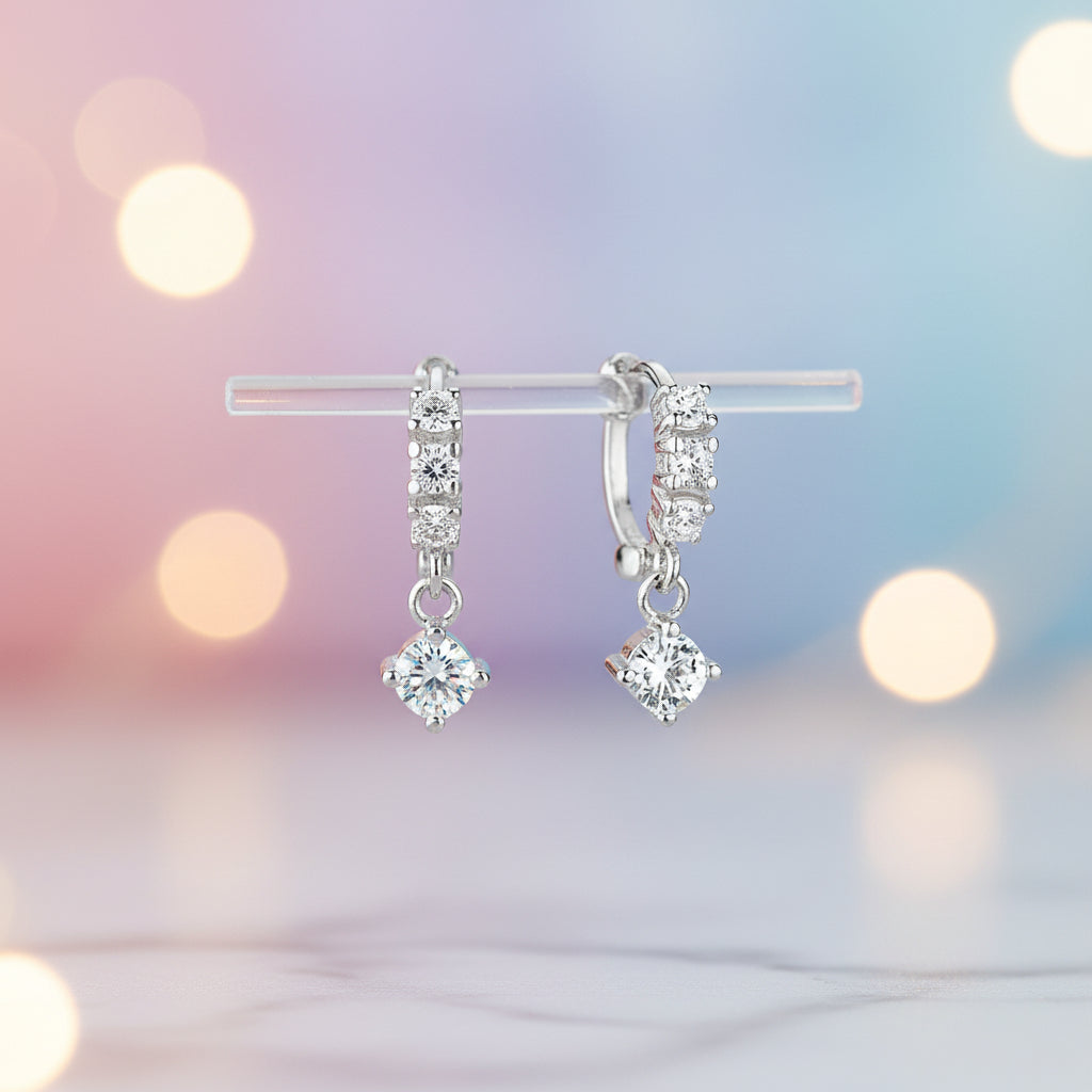 Rhodium Plated 925 Sterling Silver Drop Hoop Earrings
