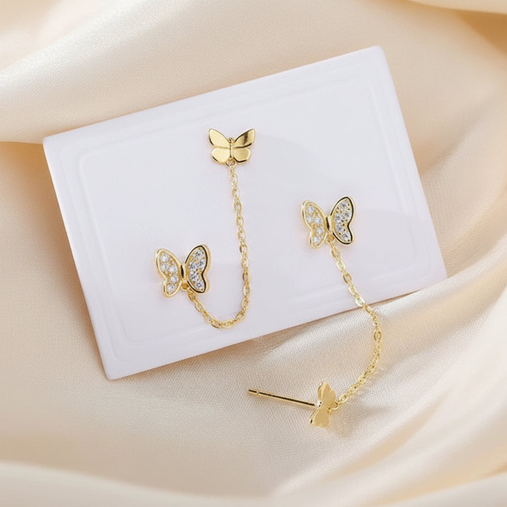 Gold Plated 925 Sterling Silver Butterfly Double Ear Hole Earrings