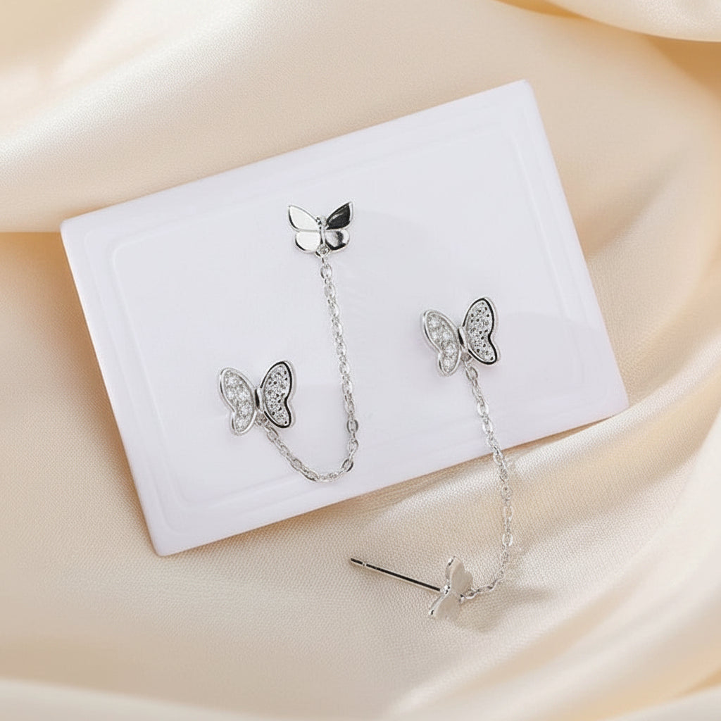 Rhodium Plated 925 Sterling Silver Butterfly Double Ear Hole Earrings