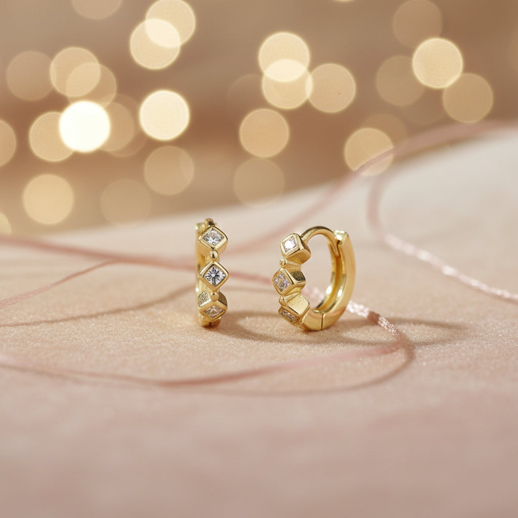 Gold Plated 925 Sterling Square CZ Hoop Earrings