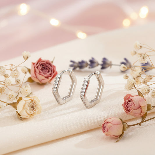 Rhodium Plated 925 Sterling Silver Geometric CZ Hoop Earrings