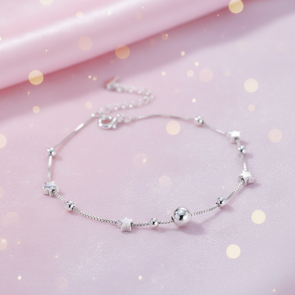 Rhodium Plated 925 Silver Star Beaded Chain Anklet