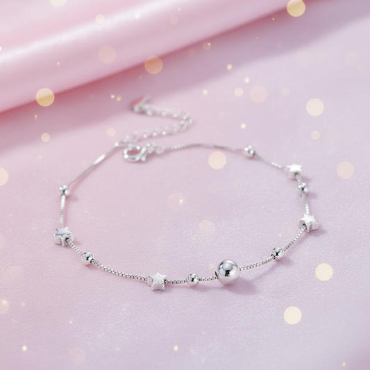 Rhodium Plated 925 Silver Star Beaded Chain Anklet