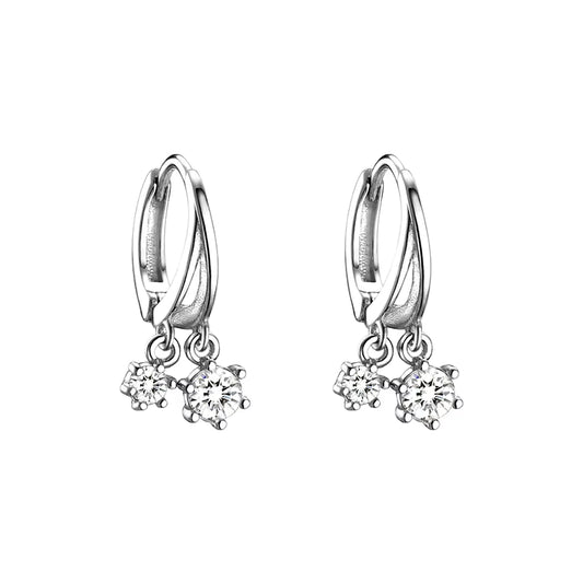 Rhodium Plated 925 Sterling Silver CZ Stone Drop Hoop Earrings